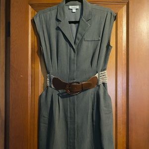 Green button down sleeveless dress with tan woven belt, size 8, love this dress!